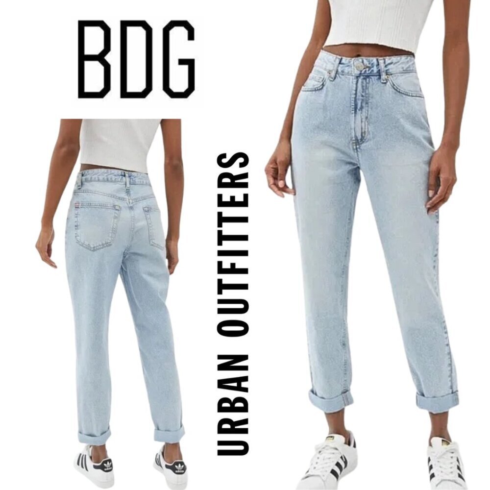 BDG, Urban Outfitters Mom-High Rise Tapered Straight Jeans, Light Wash, Bleached